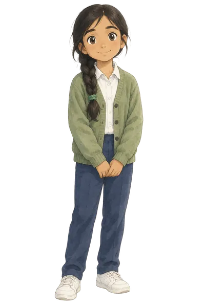 Aisha, aged eleven, long plait and a sage green cardigan
