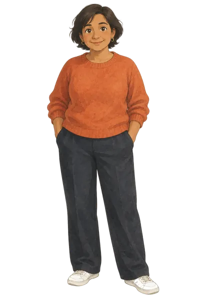 Jo, Aisha's aunt, in an orange jumper