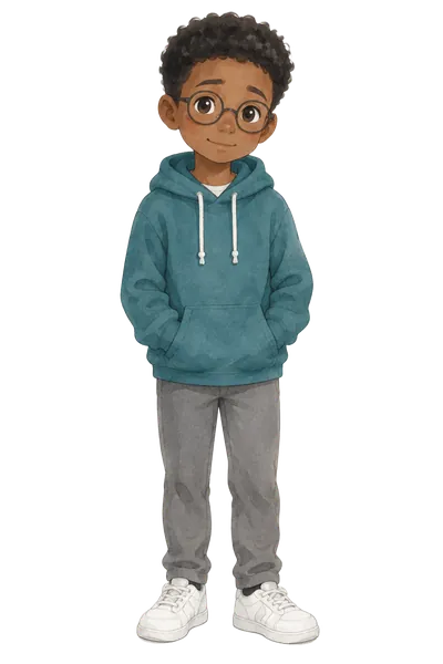 Leo, aged ten, teal hoodie and round glasses