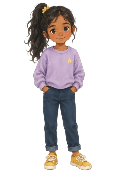 Maya, aged nine, lilac star jumper and high ponytail