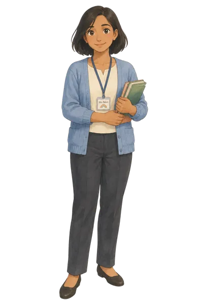 Ms Patel, a calm teacher in a blue cardigan