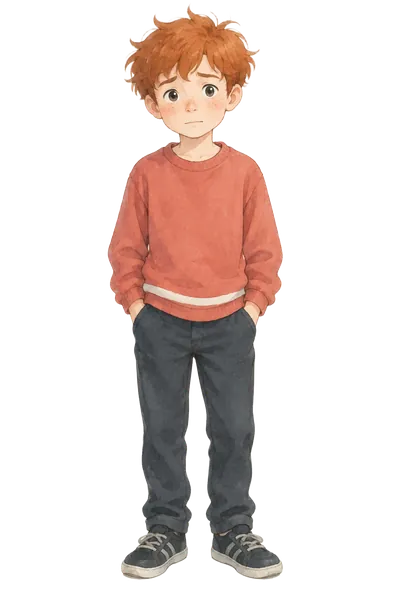 Sam, aged ten, ginger hair, freckles and a coral sweatshirt