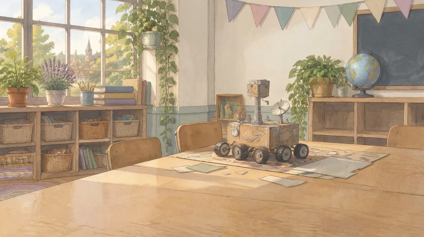 A cosy painted classroom craft corner with a cardboard space rover