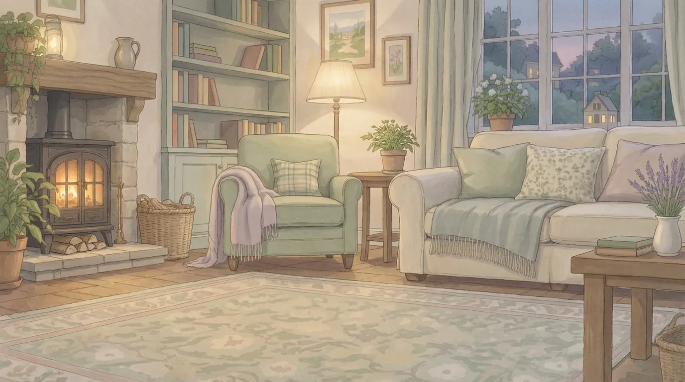 A warm painted living room in the evening