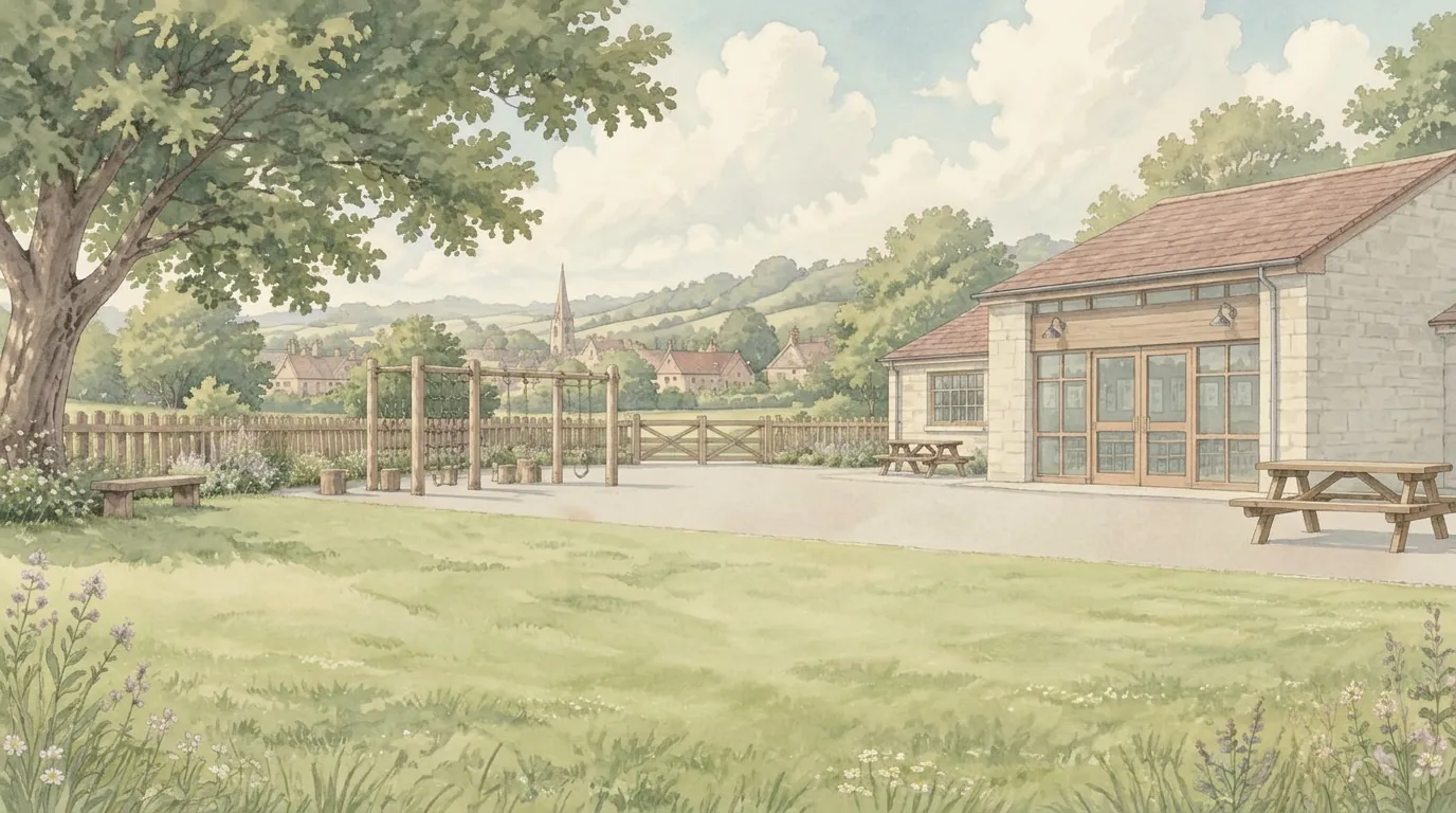 A sunny painted school playground outside the lunch hall